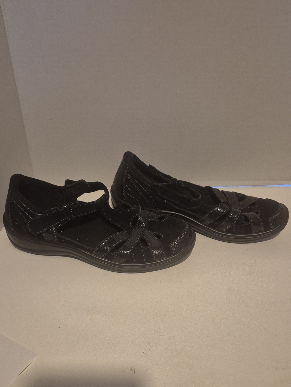Comfort Stretch Black Mary Jane Sandals with Hook-and-Loop Strap
